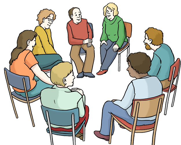 Eine Gruppen von Menschen sitzt in einem Gesprächkreis